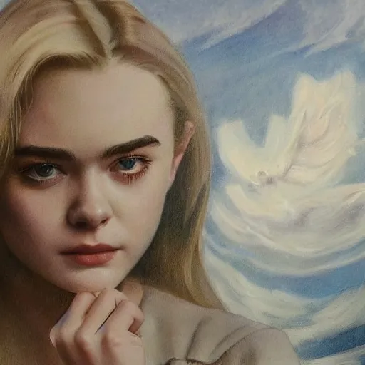 Image similar to ultra realistic portrait painting of elle fanning, lily collins, kim wexler, as an outlaw, art by frank frazetta, vintage levi's ad, stormy weather, dark vibes, 4 k, ultra realistic, highly detailed, epic lighting