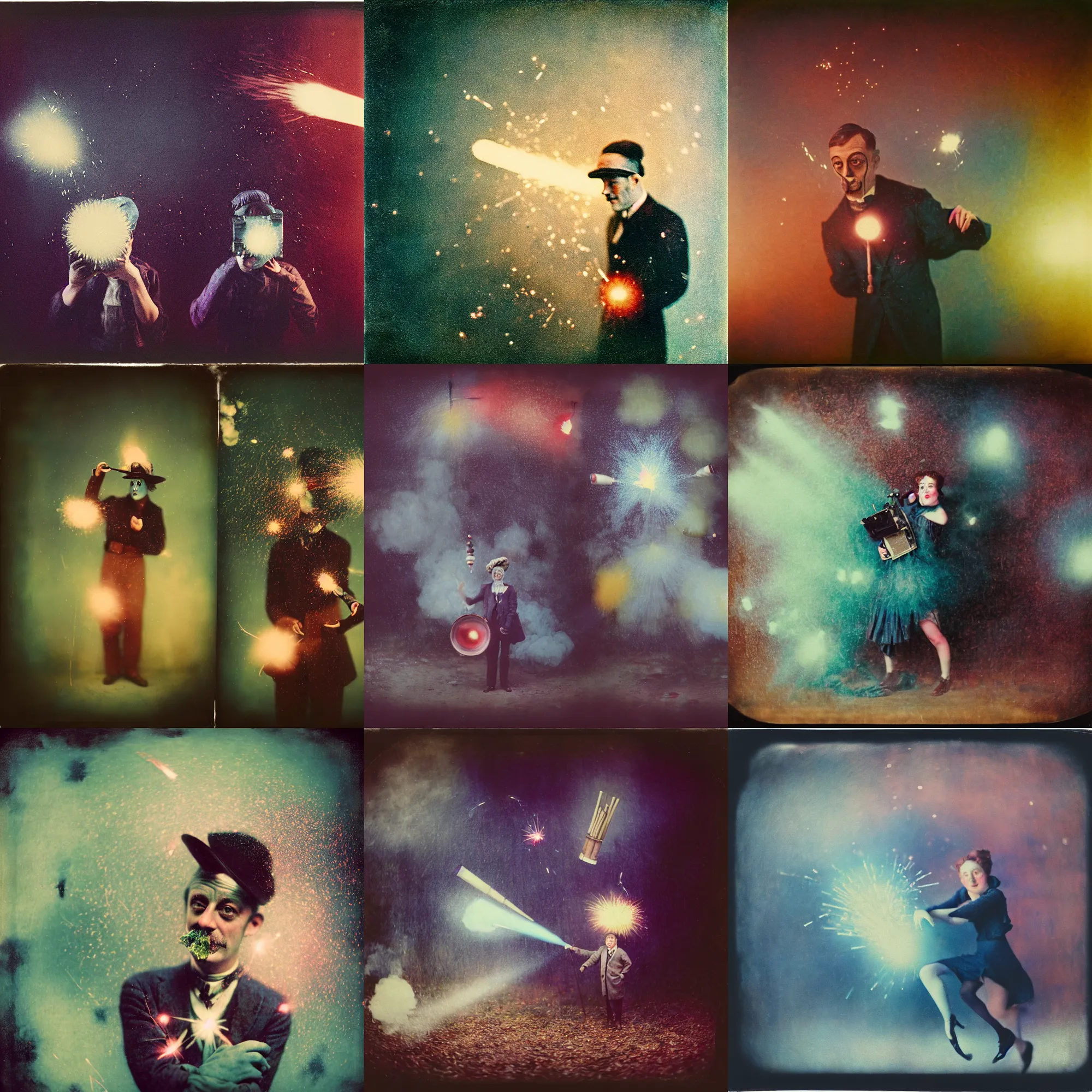 Prompt: kodak portra 4 0 0, wetplate, muted colours, blueberry, 1 9 1 0 s style, motion blur, portrait photo of a backdrop, explosions, rockets, sparkling, by georges melies and by britt marling