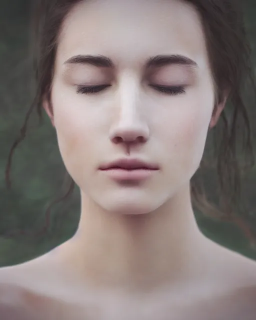 Image similar to photorealistic portrait of a beautiful young woman, very blurry, out of focus, translucent stone white skin, closed eyes, foggy, closeup