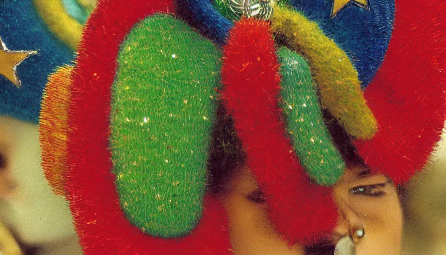 Prompt: 1 9 9 8 brazilian hat designed by arthur bispo do rosario, jules bastien - lepage, tarsila do amaral, frank weston and gustave baumann, cactus, clothing photography, f - 9 1 / 1 2 5, brutalism, sharp focus, colorful refracted sparkles, star lines, soft light, 8 k