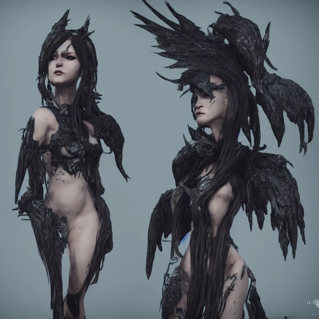 Prompt: game character design, ancient siren with black wings, unreal 5, hyperrealistic, octane render, cosplay, rpg portrait, by nixeu, artsation.