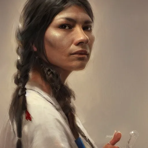 Prompt: Portrait of a Native American woman as a modern nurse in a hospital, digital art by Ruan Jia and Mandy Jurgens and Artgerm, highly detailed, trending on artstation, award winning,