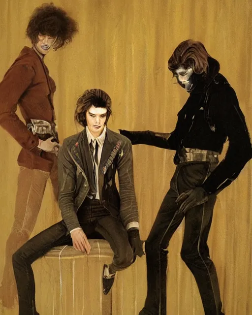 Prompt: two handsome but sinister young men in layers of fear, with haunted eyes and wild hair, 1 9 7 0 s, seventies, wallpaper, a little blood, moonlight showing injuries, delicate embellishments, painterly, offset printing technique, by coby whitmore, mary jane ansell
