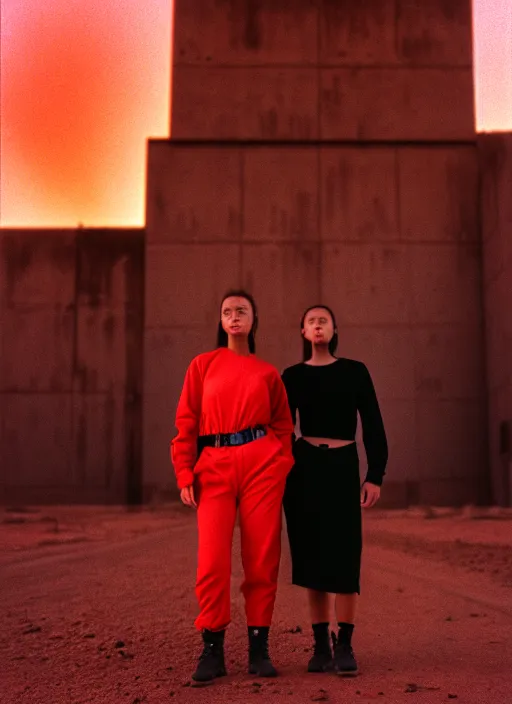 Image similar to photographic portrait shot on cinestill 5 0 d of two loving clones in front of a brutalist dark metal facility, techwear women on a desolate plain with a red sky, diverse, dust storm, 3 5 mm, 8 k, depth of field, high resolution, ultra realistic faces