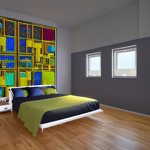 Image similar to an hd photo of a room with recursive geometry, a floating bed, windows to other worlds, bright colors