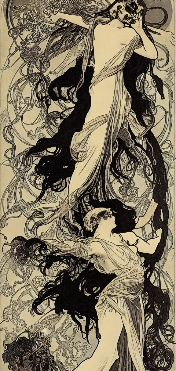 Image similar to death pointing at the screen, skull and black robes, Alphonse Mucha