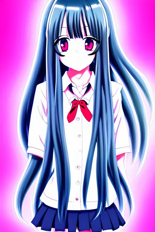 Image similar to full body anime portrait of a cute girl round eyes long hair dressed in a school uniform cinematic highly detailed 4 k neon anatomically correct