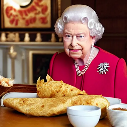 Image similar to Queen Elizabeth eating a burrito