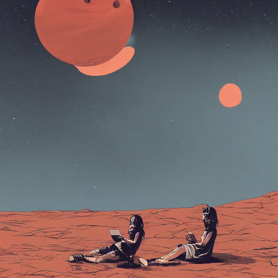 Image similar to very detailed, prophet graphic novel, ilya kuvshinov, mcbess, rutkowski, simon roy, illustration of a girl sitting alone on the surface of mars while staring at her phone, wide shot, colorful, deep shadows, astrophotography, award winning