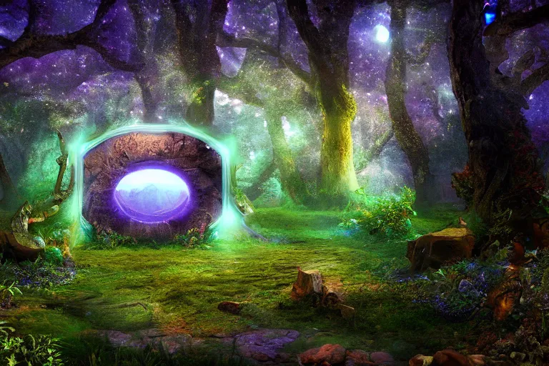 Prompt: A cosmic portal in a fantasy enchanted forest. Cinematic lighting. Photorealism.