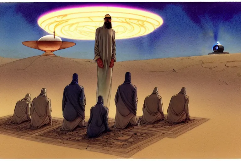 Image similar to a hyperrealist watercolour character concept art portrait of a group of middle eastern men kneeling down in prayer in front of an elegant alien with 1 2 eyes on a misty night in the desert. a ufo is in the background. by rebecca guay, michael kaluta, charles vess and jean moebius giraud