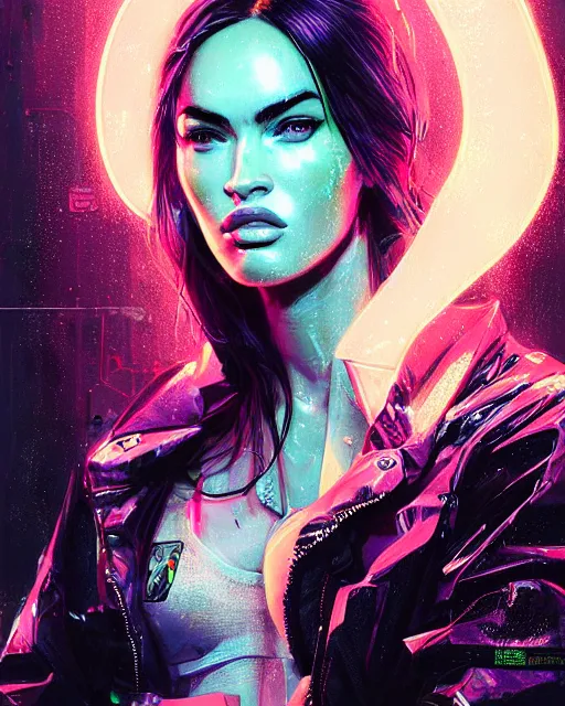 Image similar to detailed megan fox portrait neon operator girl, cyberpunk futuristic neon, reflective puffy coat, decorated with traditional japanese ornaments by ismail inceoglu dragan bibin hans thoma greg rutkowski alexandros pyromallis nekro rene maritte illustrated, perfect face, fine details, realistic shaded, fine - face, pretty face