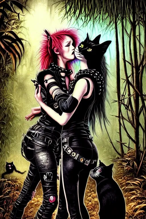 Image similar to punk rock girls kissing and making selfie with black cats in jungle , 1980 style by Ayami Kojima, mad max jacket, post apocalyptic, Cyberpunk, renaissance, Gothic, mystic, highly detailed, digital painting, 4k, fog, oil painting by Leonardo Da Vinci, hyper realistic style, fantasy by Olga Fedorova