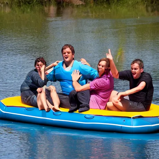 Prompt: four people on a raft