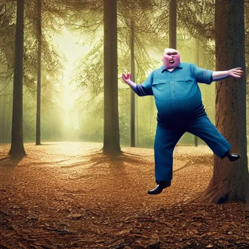 Image similar to fat happy man tap dancing on a table in a forrest, stunning detail, hyperreal rendering, octane render, highly detailed, cinematography atmosphere, dramatic, 4k