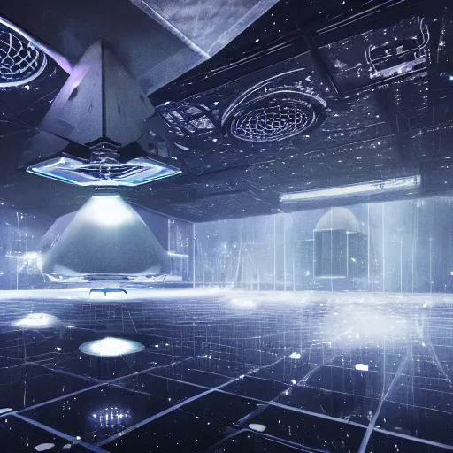 Image similar to a spaceship beaming a light underneath, lasers all over the scene, strobe lights, winter, laser lights, crybernetic, top floor boss shit, destroy lonely, black floor, lavish, luxurious, marble walls, cinematic, hyper realism, high detail, octane render, 8 k