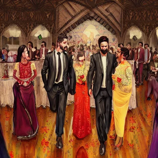 Image similar to kurdish wedding, highly detailed, digital painting, artstation, award winning art, sharp focus, incredibly strong and tall