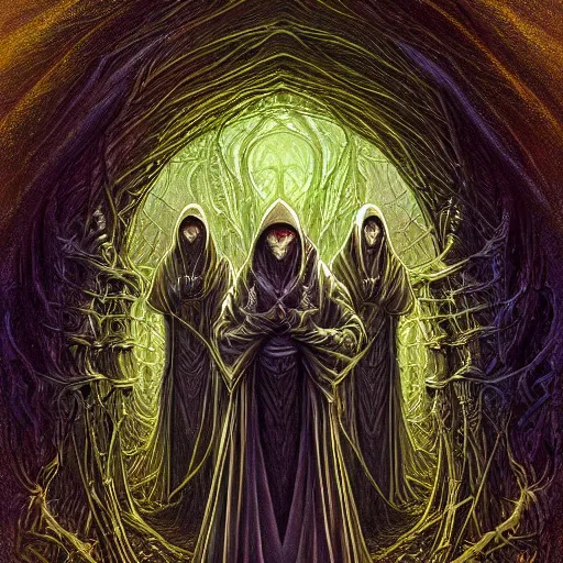 Image similar to a quantum computer, a dark cabal of multiple hooded elven mystics in long robes gathered in a circular formation around a quantum computer, processing the spirits of the dead, dan seagrave, michael whelan art, beautifully detailed