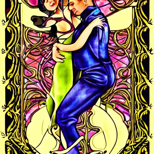 Image similar to latin male and female dance band in the style of art nouveau. lively. colorful. hd.