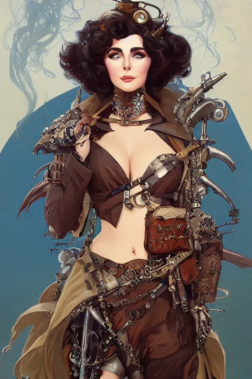 Image similar to evil elizabeth taylor steampunk half - cyborg cowgirl, pelt coats, high fantasy, dnd, smooth, sharp focus, illustration, highly detailed, digital painting, artstation, concept art, by rossdraws, alphonse mucha, frank fanzzeta, collectible card art