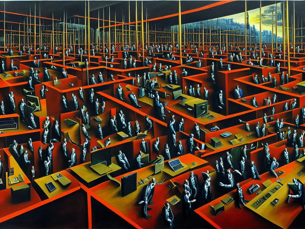 Image similar to a painting of a vast office in hell, businesspeople sitting in front of computers upside down,, highly detailed, 4 k, art by max ernst