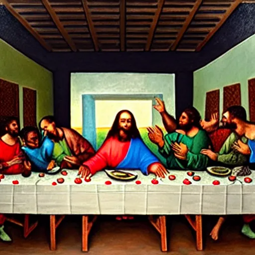 Image similar to the last supper but with famous african american, painting, on display