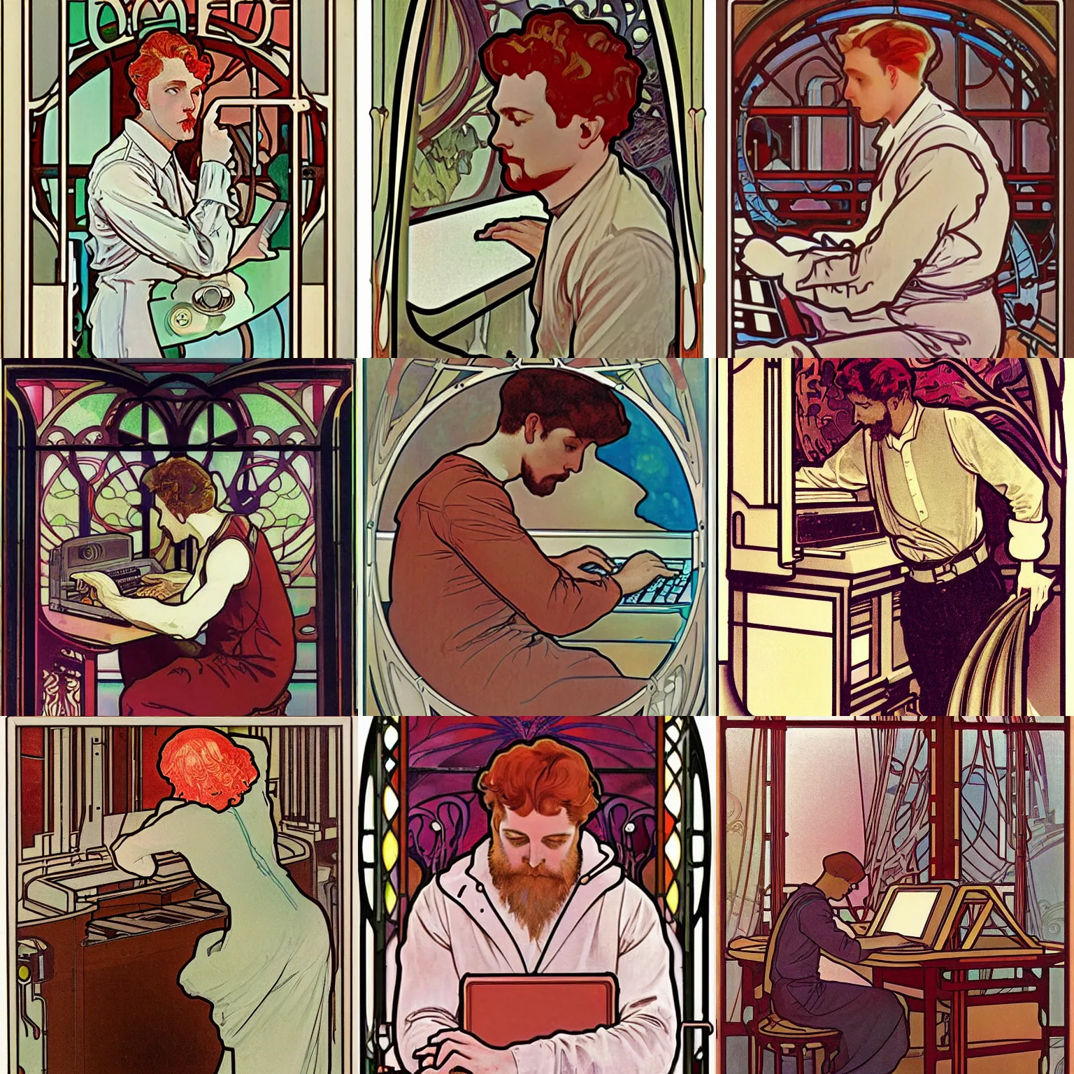 Prompt: a man working on a computer, light red hair art nouveau door glass style alfons mucha