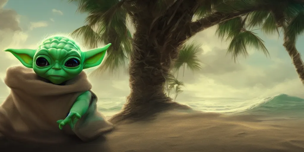 Prompt: Baby Yoda chillin on a beach, waves coming up onto the shore, palm trees swaying in the wind, hyperdetailed, artstation, cgsociety, 8k