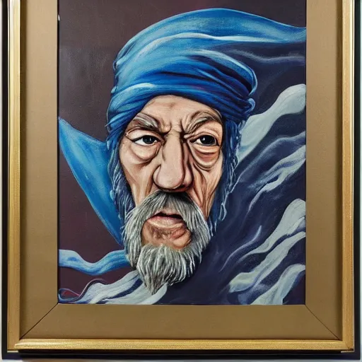 Image similar to abstract painting of ian mckellen as osama bin laden in a dark hood fighting an alien invasion in deep space by creatures from jupiter, arial shot, highly detailed, award painting, 8 k