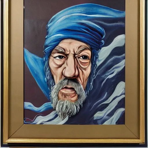 Prompt: abstract painting of ian mckellen as osama bin laden in a dark hood fighting an alien invasion in deep space by creatures from jupiter, arial shot, highly detailed, award painting, 8 k