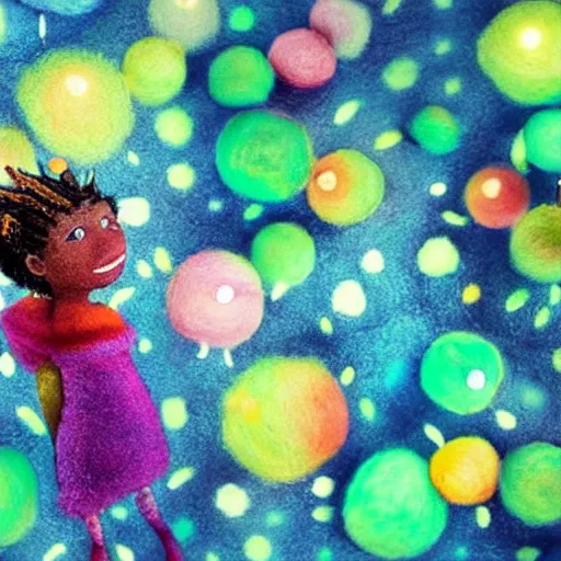 Prompt: a black girl with a colorful dreadloks, in a candy forest! at night, bokeh, bright colours, watercolor, volumetric wool felting, macro photography, children illustration, by goro fujita