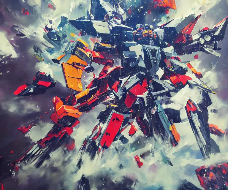 Image similar to acrylic and spraypaint action portrait of giant origami mecha gundam battling in space, explosions, graffiti wildstyle, large brush strokes, painting, paint drips, acrylic, clear shapes, spraypaint, smeared flowers, large triangular shapes, painting by totem 2, jeremy mann, masterpiece