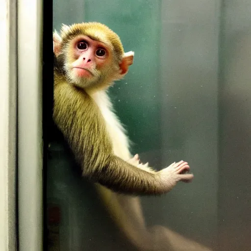 Image similar to capuchin monkey sleeping in train compartment room, rainy window, night time, night, midnight, 3 0 mm photo