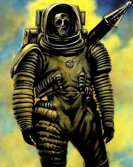 Prompt: portrait of a goth astronaut soldier wearing armor by simon bisley, john blance, frank frazetta, fantasy, barbarian