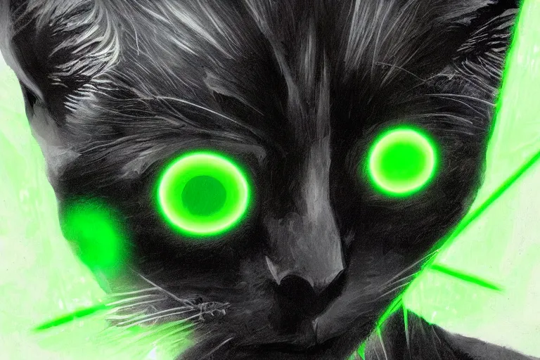 Image similar to black cat with glowing green eyes activating a human transmutation circle, digital illustration, artstation, artstation hq, hd