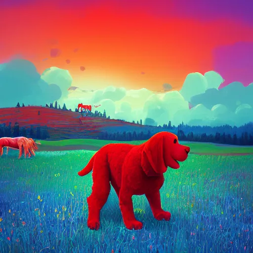Image similar to a clifford the big red dog, surreal photography, flower field, sunset on a summer day light, impressionist painting, colorful clouds, blue sky, digital painting, artstation, simon stalenhag