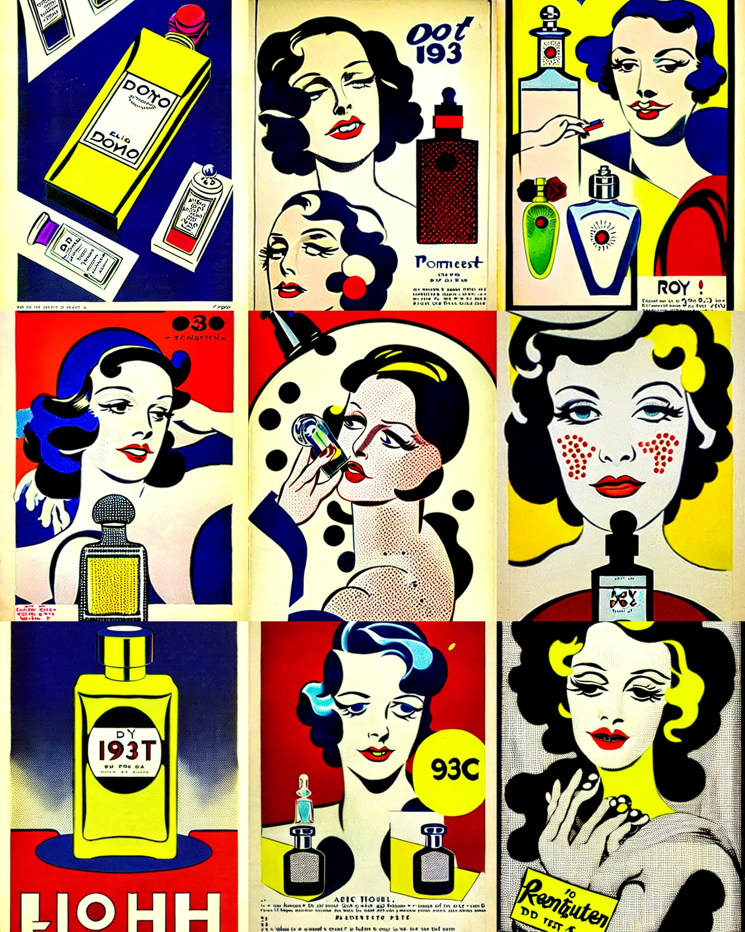 Prompt: 1 9 3 0 s perfume bottle ads, dot art on paper, ben - day, art du monde, roy lichtenstein, pop art, epic, masterpiece, detailed, 8 k