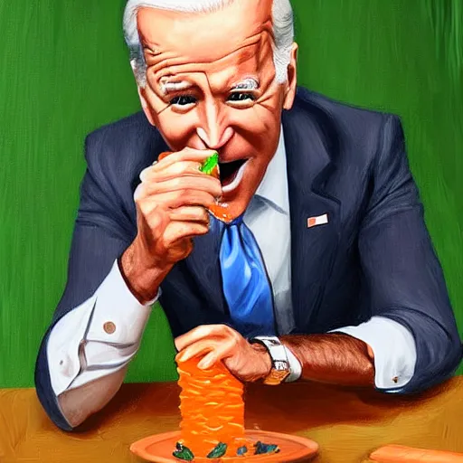 Image similar to joe biden eating a carrot, highly detailed, realistic, painting