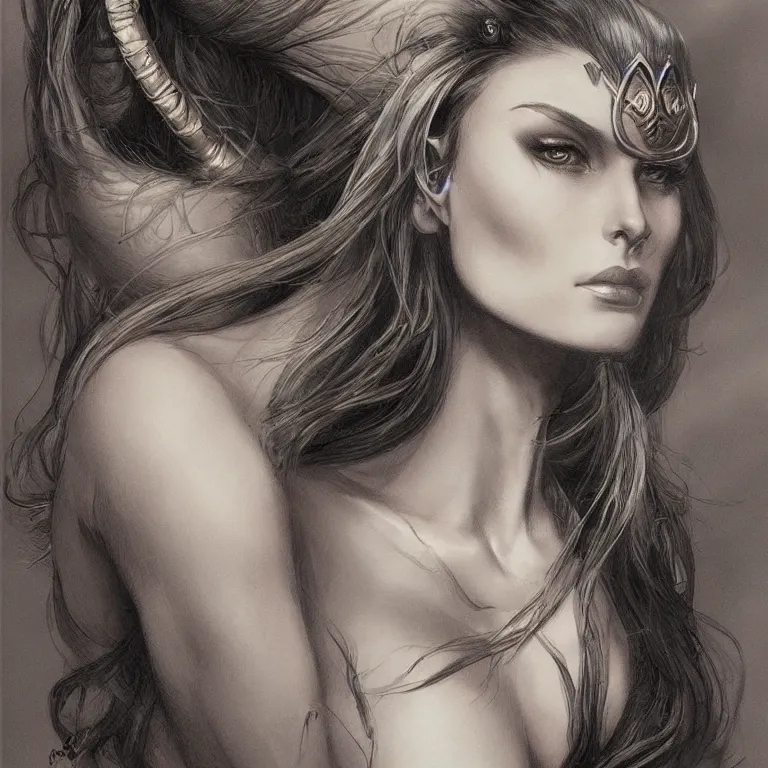 Image similar to a portrait of a beautiful female wizard, full face, beautiful clothes, style of Boris Vallejo and Frank Frazetta, very detailed, fantasy art, rule of thirds, trending on artstation and deviantart