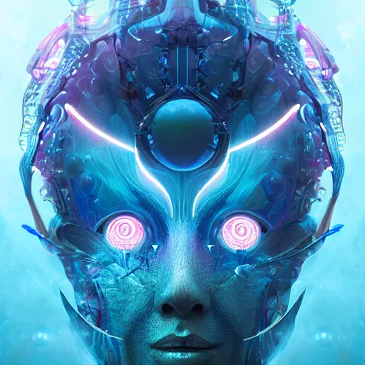 Image similar to Face of a Alien Deity, centered, corals, plume made of geometry, extremly detailed digital painting, sharp focus in the style of android jones, artwork of a futuristic artificial intelligence superstar with frames made of detailed circuits, mystical colors, rim light, beautiful lighting, 8k, stunning scene, raytracing, octane, under water visual distortion, dark tones colors, trending on artstation