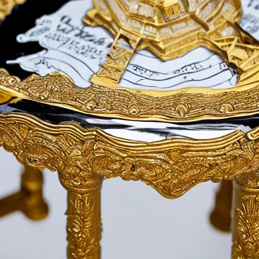 Image similar to an ornate lighthouse table statue, detailed with white and gold filagree and goldleaf decorative elements, sitting on a desk, painstaking detail, black lacquer, glossy shiny reflective, splashed with graffiti art