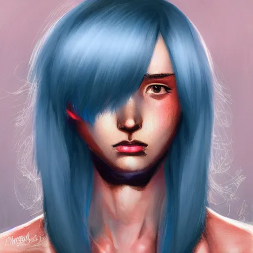 Image similar to full face shot of rimuru tempest, sky blue straight hair, long bangs, with amber eyes, wearing a fancy black jacket, high collar, ultra detailed, brush strokes, digital painting, cinematic, wlop artstation, closeup, pixiv, intense, intimidating glare, photorealistic, overpowering, andy warhol,