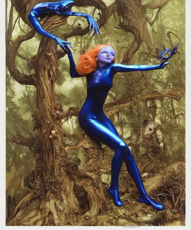 Prompt: a portrait photograph of a blue skinned alien succubus with slimy amphibian skin being transformed into a bird. she looks like sadie sink and is wearing a colorful infected sleek organic catsuit. by donato giancola, hans holbein, walton ford, gaston bussiere, peter mohrbacher and brian froud. 8 k, cgsociety, fashion editorial