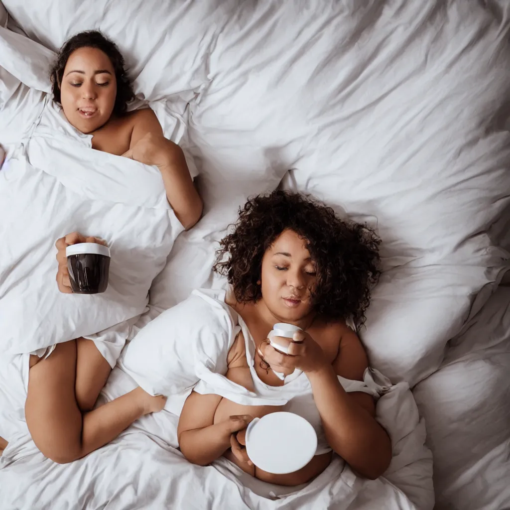 Prompt: a beautiful fat woman drinking coffee in a bed with white sheets drinking coffee