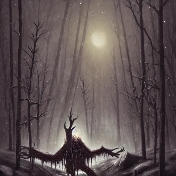 Prompt: cloaked humanoid wendigo feasting, nighttime located in a snowy dark forest, lurking horror, distant shot, dungeons and dragons, magic the gathering, forboding, high detail, oil painting, style of seb mckinnon