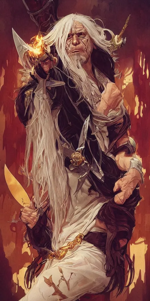 Prompt: full body character design of The King of Thieves, Long White Hair, wielding Daggers, Scars, Half Gold Mask, Broken Shackles, highly detailed, Tattoos, concept art, sharp focus, character concept art, smooth, illustration, by artgerm and greg rutkowski and alphonse mucha