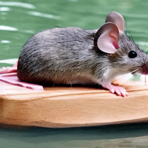 Prompt: mouse on a raft made of cheese floating down the river