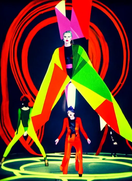 Image similar to david bowie music clip with dancers dressed by sonia delaunay clothing, neon lights, photorealistic, eastman kodak