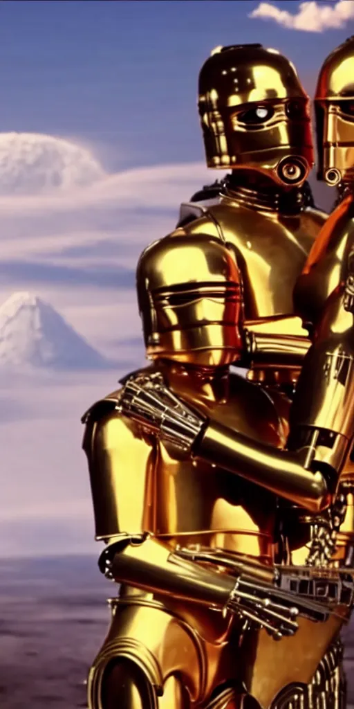 Prompt: quentin tarantino hugging c - 3 po. active volcanoes as background. cinematic trailer format.