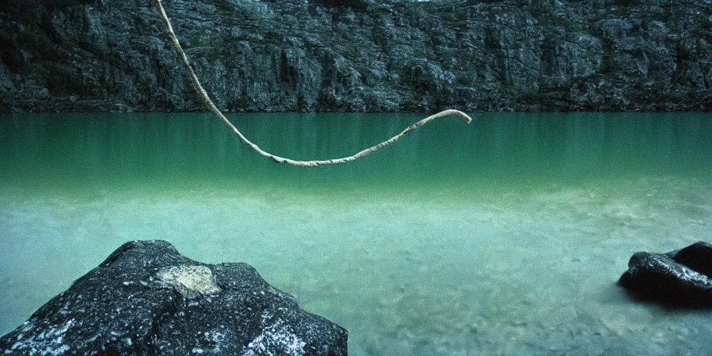 Image similar to rope in the water, in the middle of a rocky lake, eerie vibe, leica, 2 4 mm lens, cinematic screenshot from the 2 0 0 1 film directed by charlie kaufman, kodak color film stock, f / 2 2, 2 4 mm wide angle anamorphic